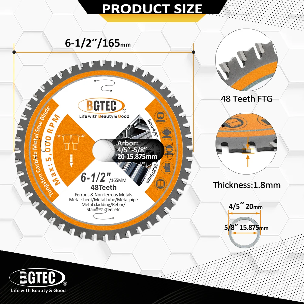 BGTEC 10pcs TCT Saw Blade 165mm FTG 48 Carbide Teeth Cutting Disc Iron Stainless Steel Metal Wood Tube Rebar Noise Reduction