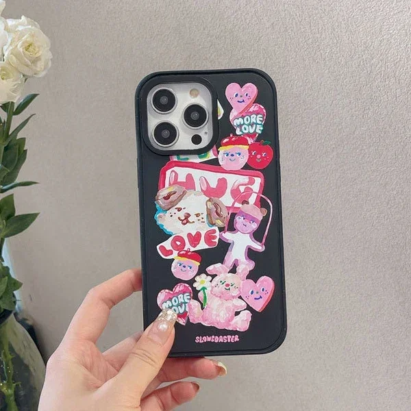 Cartoon Cat Dog Doll Black Frosted Phone Case Cover for IPhone 13 14 15 16 Pro Max Case