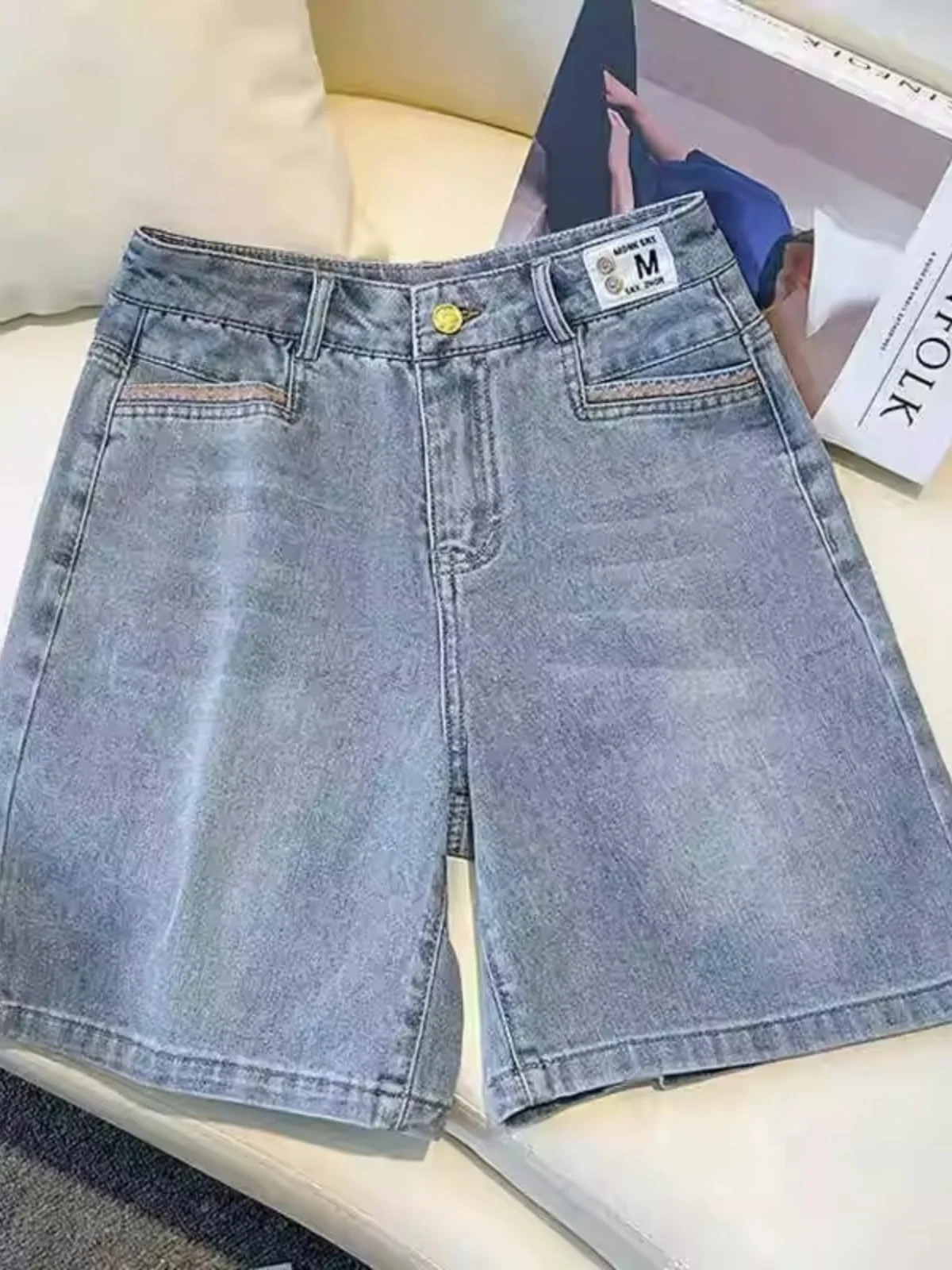 

Синие джинсовые брюки в стиле ретро, женские свободные брюки с высокой талией, утягивающие модные летние прямые джинсы длиной пять четвертей