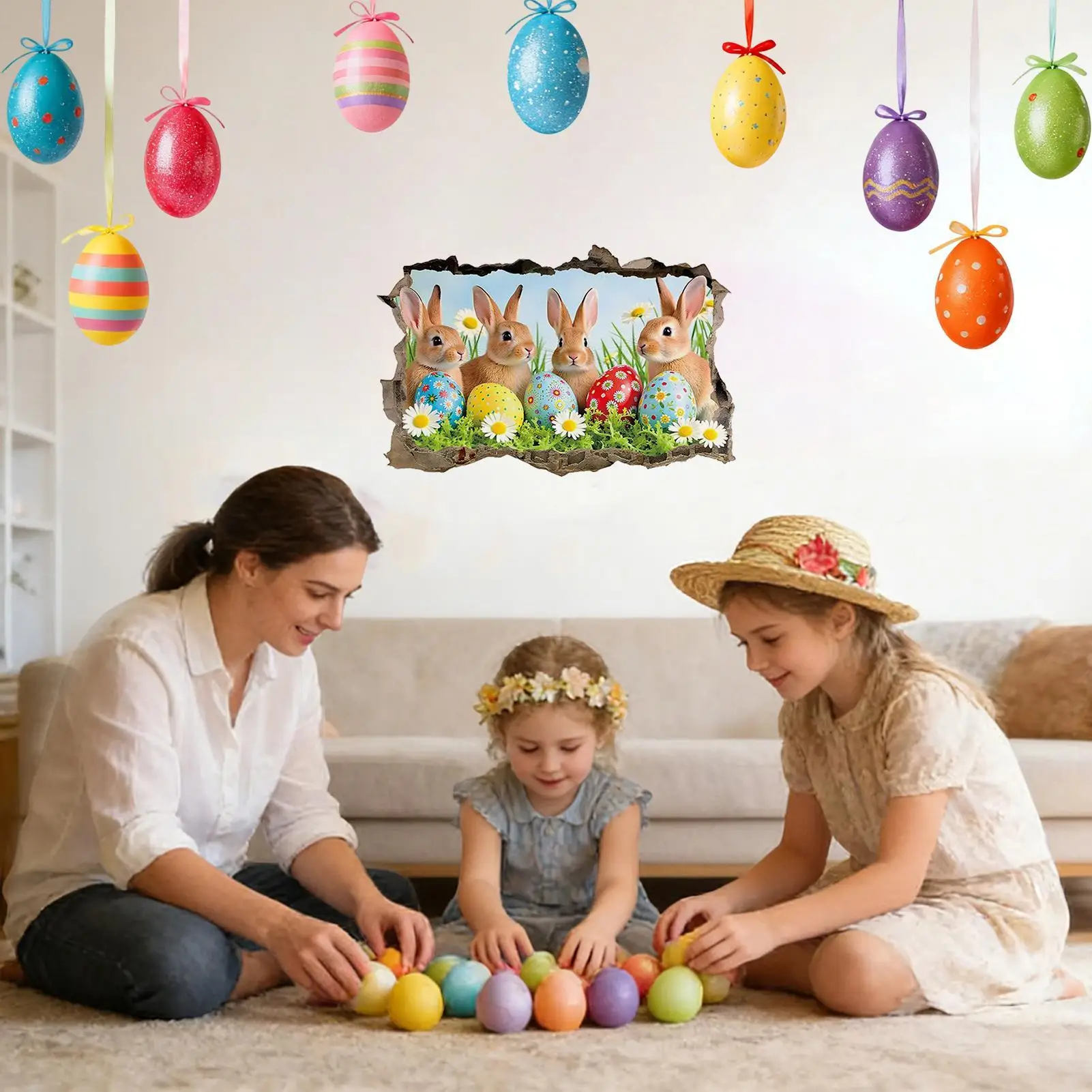 Wall Stickers Cartoon Cute Rabbit Art Adhesive Wallpaper Hole Break Design Rabbit Wall Sticker For Bathroom Nursery Preschool