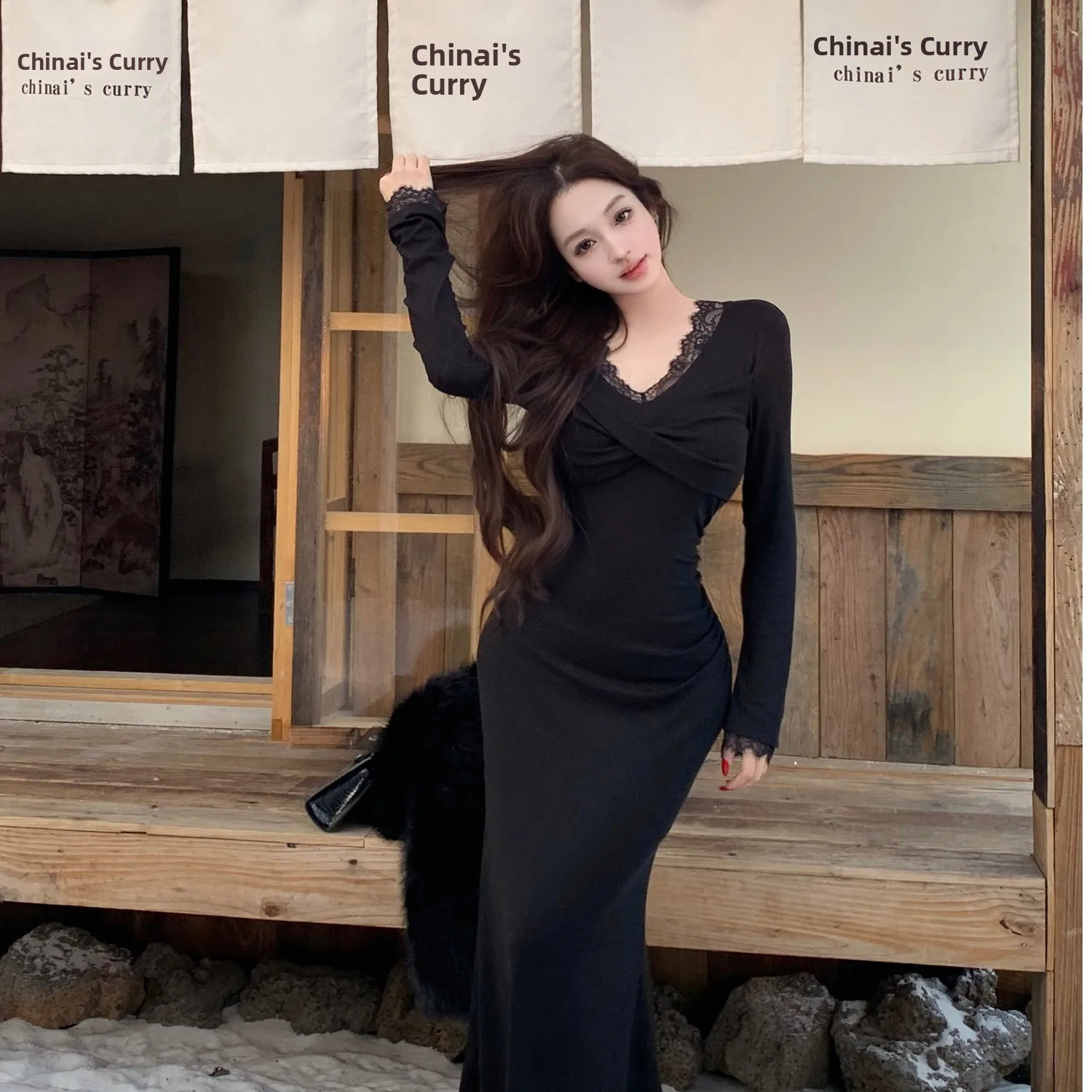 Ele longo malha dr v-ne camada de base de renda feminina faion cintura alta outono inverno novo sle avançado sentido dr