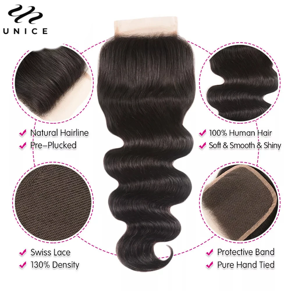 Unice Hair Body Wave Bundles With Closure 100% Human Hair 4x4 5x5 HD Lace Closure With Bundles 2/3/4 PCS Deal Can Make 250% Wig