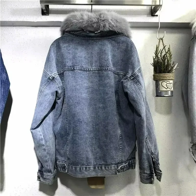 Women Denim Cost Single Breasted Button Jackets Fleece Patchwork Cardigan Pockets Outerwear Casual Warm Solid Loose Fit