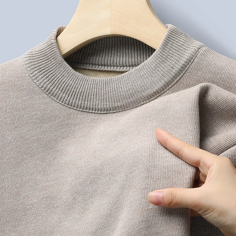 Winter New Men\'s Knitted Sweater with A Half High Collar Solid Color Plush and Warm Knitted Lining Top Casual and Versatile Top