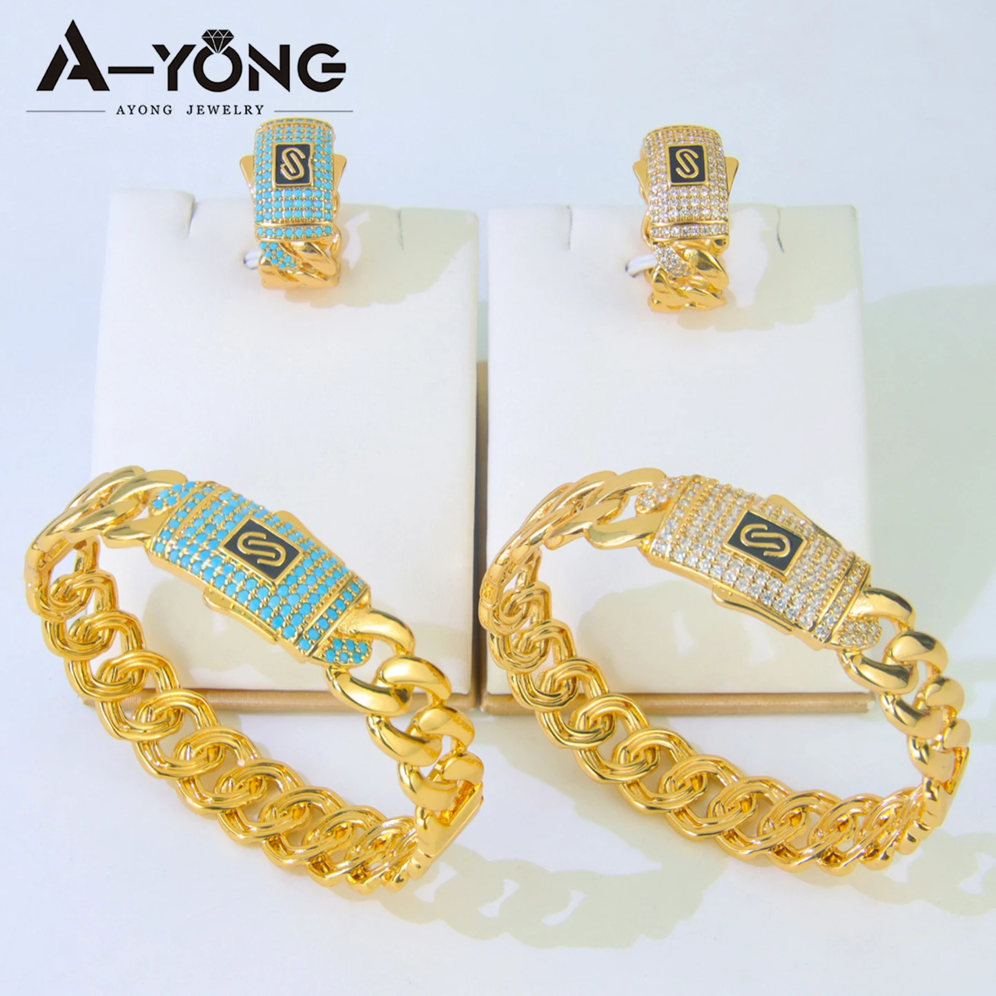 Fashion Dubai Gold Plated Bracelet Ring Set 21k Gold Color Italian Zircon Cuff Bangles Arab Luxury Women Event Party Jewelry