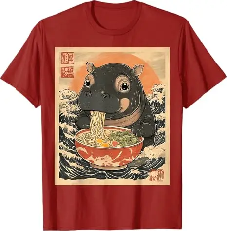 Moo Deng Hippo Eat Ramen for Japanese Style T-Shirt Cute Cartoon Moo Deng Art Graphic Saying Tee Fashion Short Sleeve Tops Gift