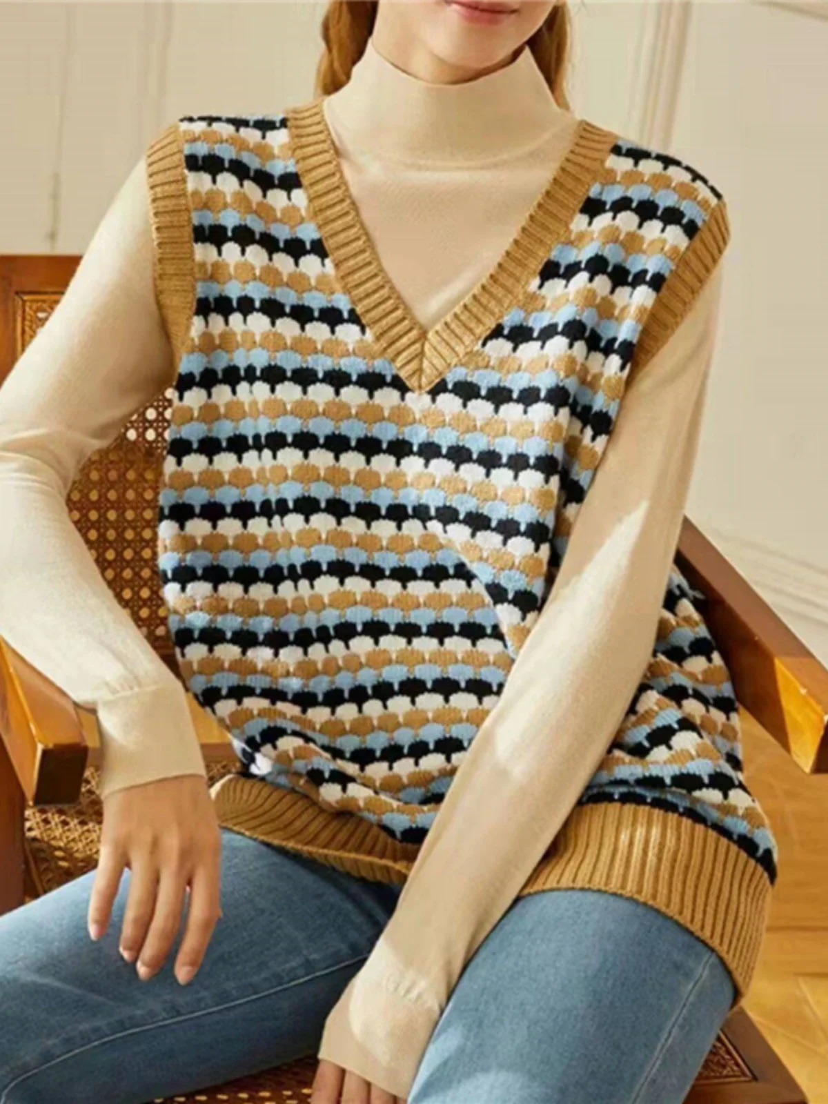 

Женский винтажный вязаный жилет Koja из шерсти, свободного кроя, с V-образным вырезом, в стиле пэчворк, с цветными вставками, модная верхняя одежда для повседневной носки, прямой крой