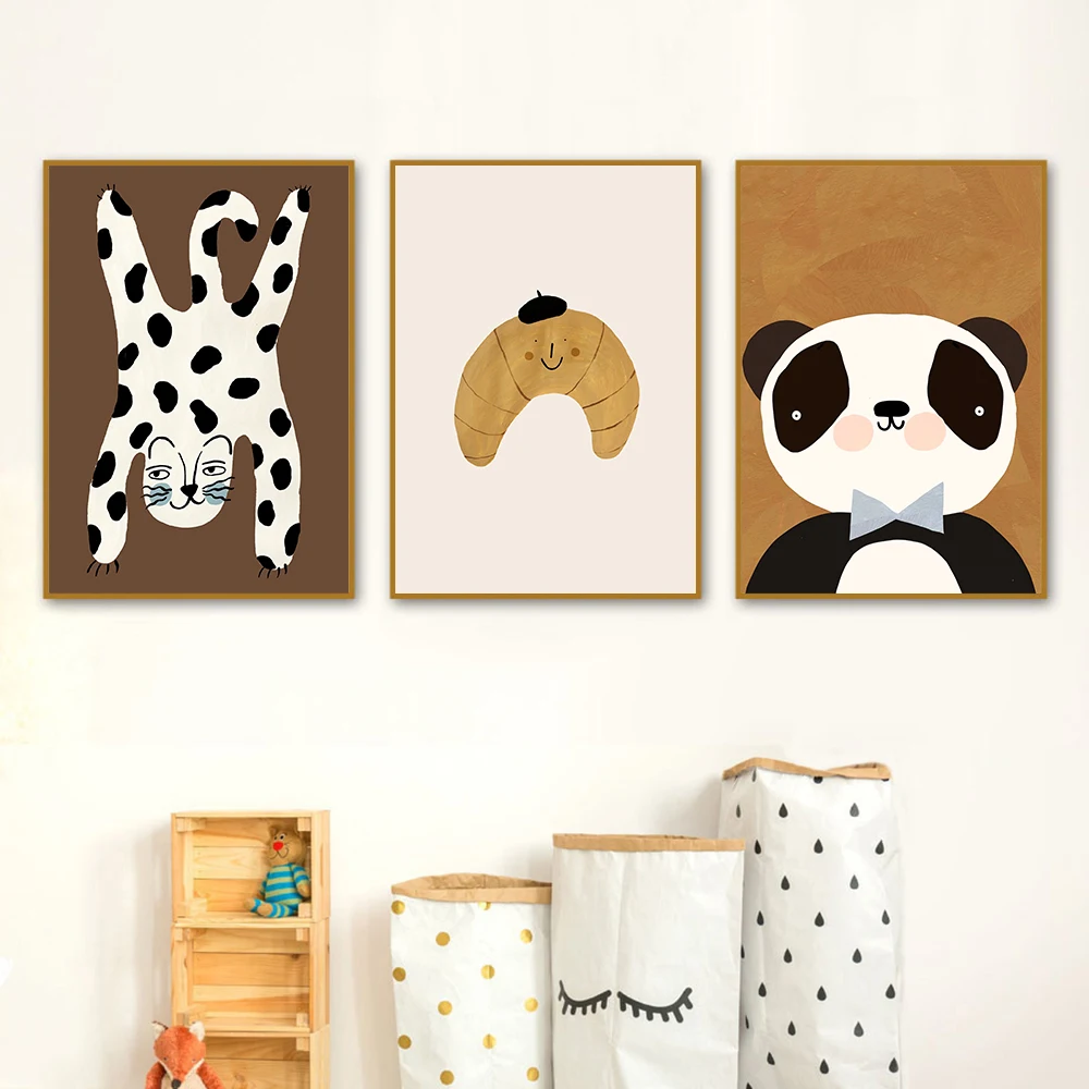 Cartoon Leopard Panda Pig Croissant Roll Dog Wall Art Canvas Painting Nordic Poster And Print Wall Pictures Baby Kids Room Decor
