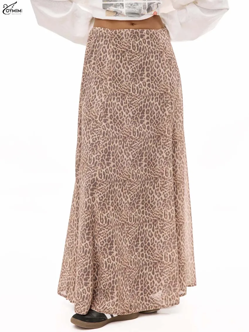 

Oymimi Fashion Brown Print Women's Skirt Elegant Mid Waisted Loose Skirts Casual New Thin Floor-Length Skirts Female Clothing