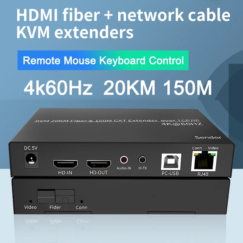 Transmisor receptor de fibra KVM 4K, 60Hz, 20KM, 150M, extensor de Cable Ethernet HDMI, compatible con teclado USB y ratón, uno a muchos