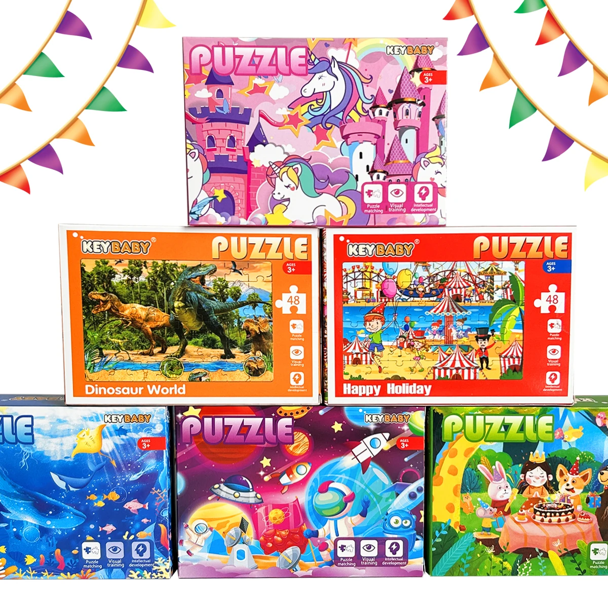 KEYBABY 48 - Puzzle pièces - Amusant - Scènes remplies de carnaval, d'espace, de dinosaure et plus encore