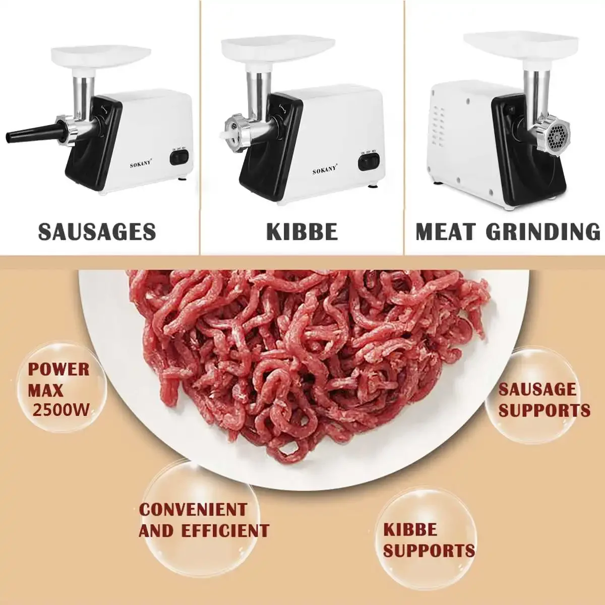 220V Electric Meat Grinder Stainless Steel Powerful Electric Grinder Sausage Stuffer Meat Food Processor for Kitchen Appliance