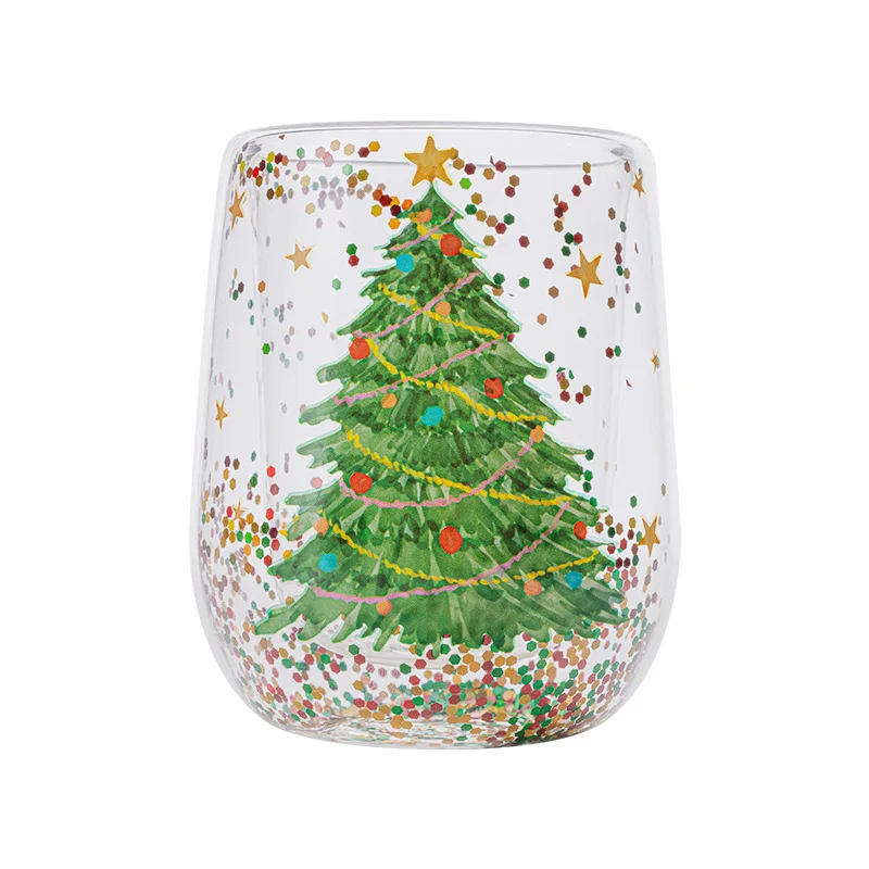 Christmas Tree Glass Cup Double Wall Flowing Sequins Cartoon Cute Heat Insulation Drinking Water Cup Gift for Christmas Birthday