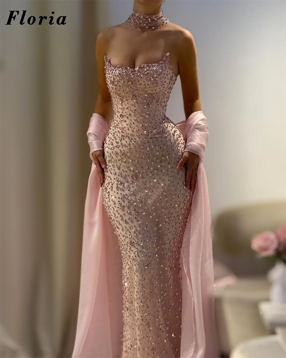 2026 Customized Pink Beaded Prom Dresses With Cape Luxury Mermaid Women Evening Dress Engagement Party Gowns Vestidos De Cóctel