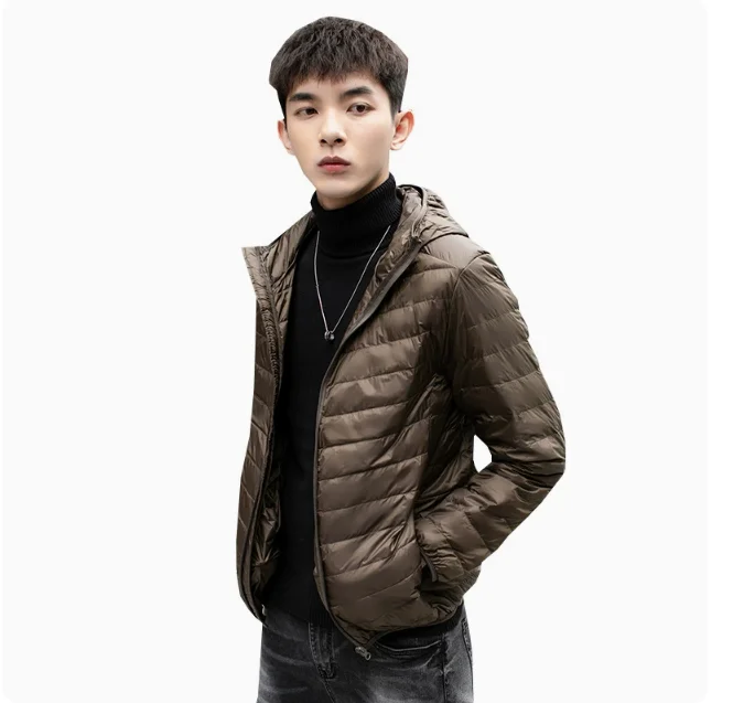 Pure Color High-End Warm Fashion for Men Feather Hooded Down Jacket Winter Boutique Male Coat Thin Light Overcoat