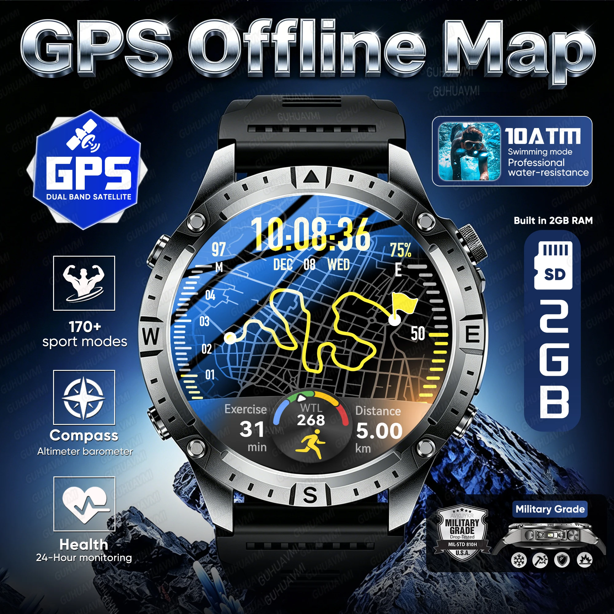 

Новые смарт-часы 2026 года с GPS, офлайн-картами, памятью 2 ГБ, водонепроницаемостью 10ATM, компасом, AMOLED-экраном 1,43 дюйма и функцией звонков по Bluetooth