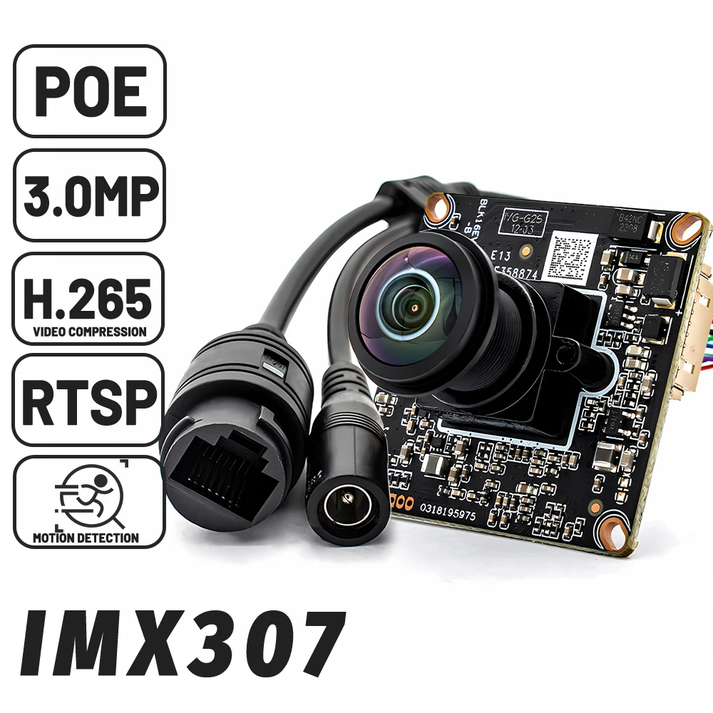 Papan Kamera IP WGWK IMX307 3MP Ultra Low Illumination Dengan 1.5mm 180 °   Lensa Fisheye Onvif H.265 RTSP POE Modul Webcam Keamanan