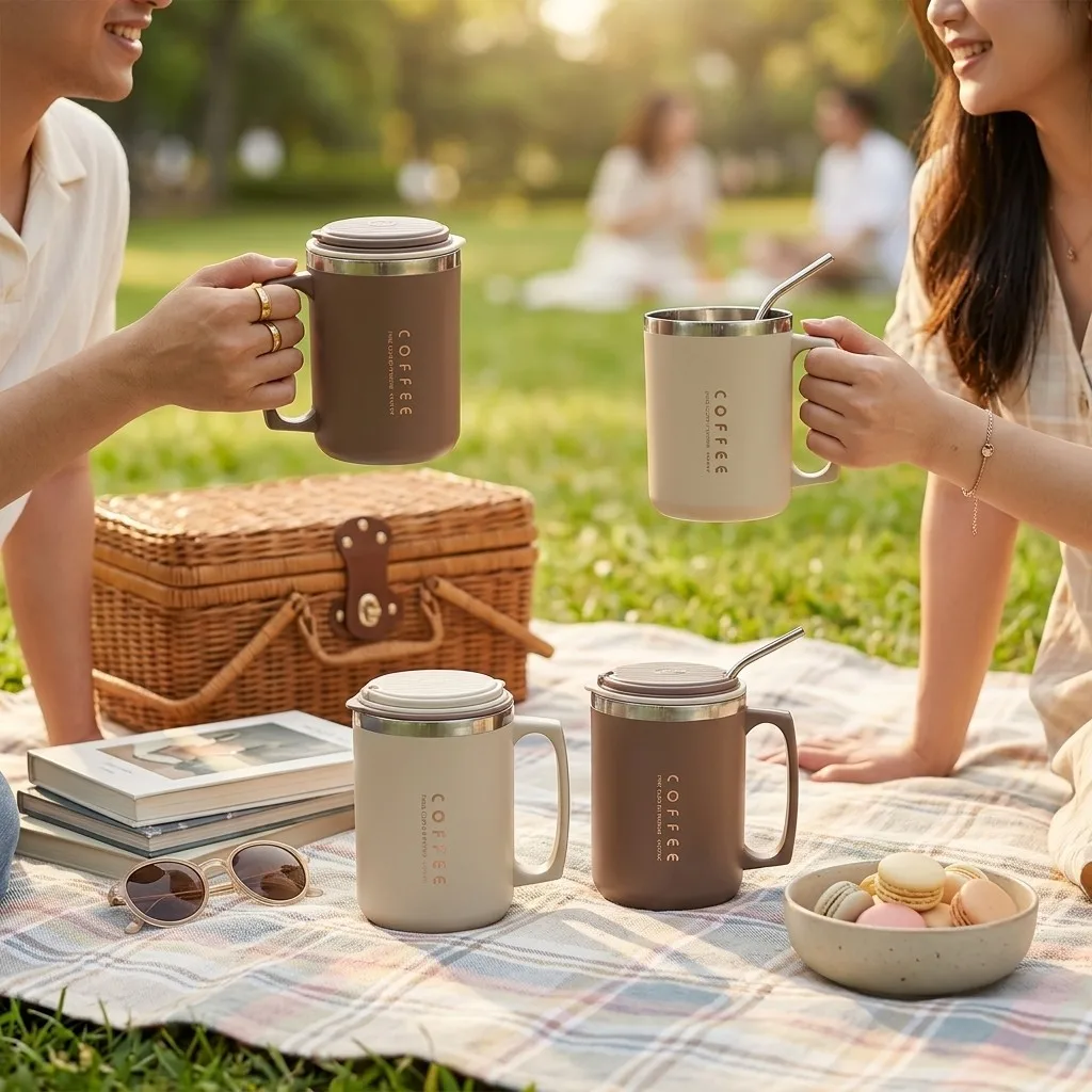 Insulated Travel Coffee Mug 304 Stainless Steel Thermos Tumbler With Handle Leakproof Dual Drink Cup Straw & Spoon Drinkware