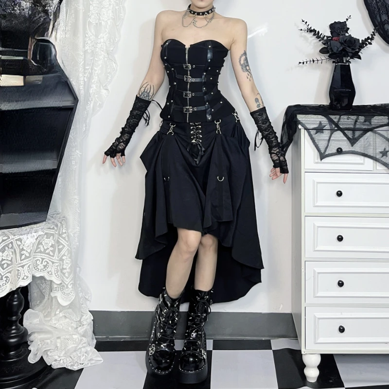 تنانير نسائية هاراجوكو سوداء بأشرطة عتيقة ملابس الشارع القوطية 2024 صيفية Jupe فام Y2k جمالية على شكل حرف a الجرونج Faldas Mujer