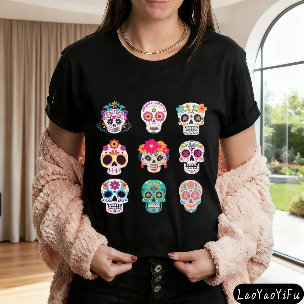 Day of The Dead Shirt Sugar Skull Flower Shirt Dia De Los Muertos Tee Mexican Shirt Women Clothed Round Neck Tees