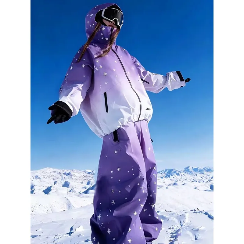 Autumn Winter New Purple Womens Ski Jacket Pants Set Water Repellent Windproof Outdoor Couple Snowwear