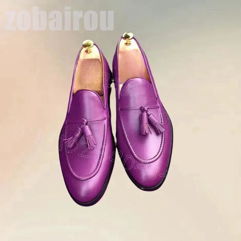 

Purple Sewing Design Matte Leather Tassels Loafers Fashion Slip On Men Shoes Luxury Handmade Party Feast Office Men Dress Shoes