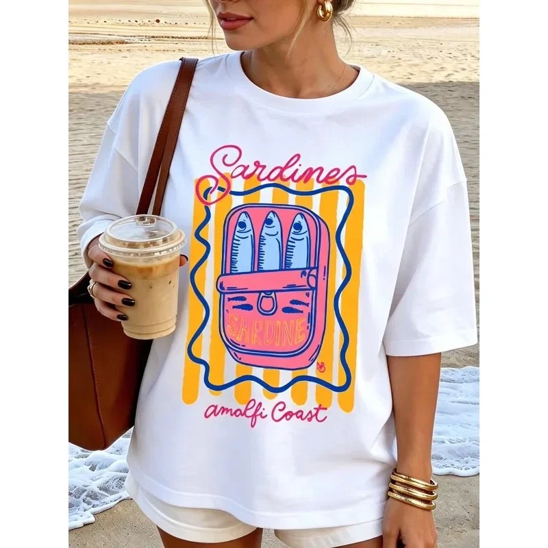 Sardines Amalfi Coast Printed T-shirt Women's Summer Top Round Neck Soft Women's Short Sleeve T-shirt Basic Casual Wear