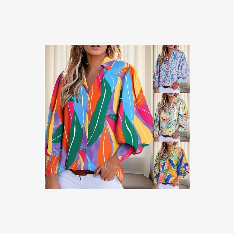 

Spring Summer 2024 Women's Long Sve Printed irt Turn-down Collar Lantern Sve Sweet Sle Loose Fit Polyester Fiber