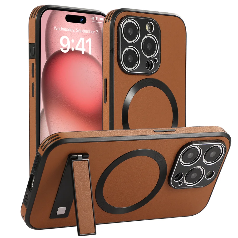 Luxuriöse magnetische Lederhülle mit Ständer für iPhone 18 17 16 15 14 11 12 13 Pro Max, kabelloses Laden für Magsafe, stoßfeste Abdeckung – Detail 13