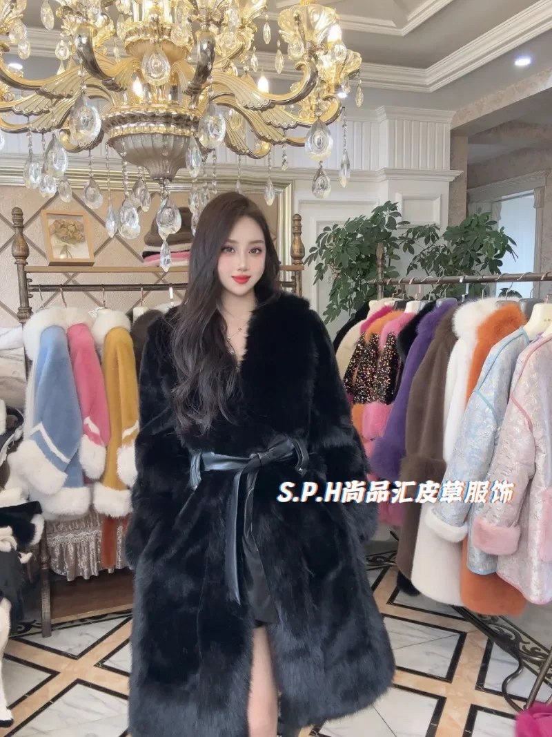 جديد الشتاء بوتيك طويلة الأكمام سترة دافئة المرأة الأوروبية المنك توكا الثعلب الشعر حزام خصر طويل الغلاف الجوي رقيقة معطف ملابس خارجية #6