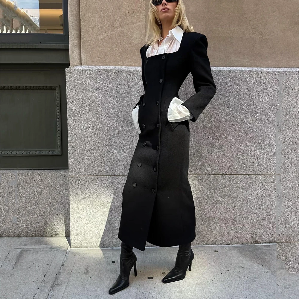 

Женское пальто из грубой шерсти Y2K, облегающая двубортная длинная куртка с отделкой талии, осень/зима 2023, новинка