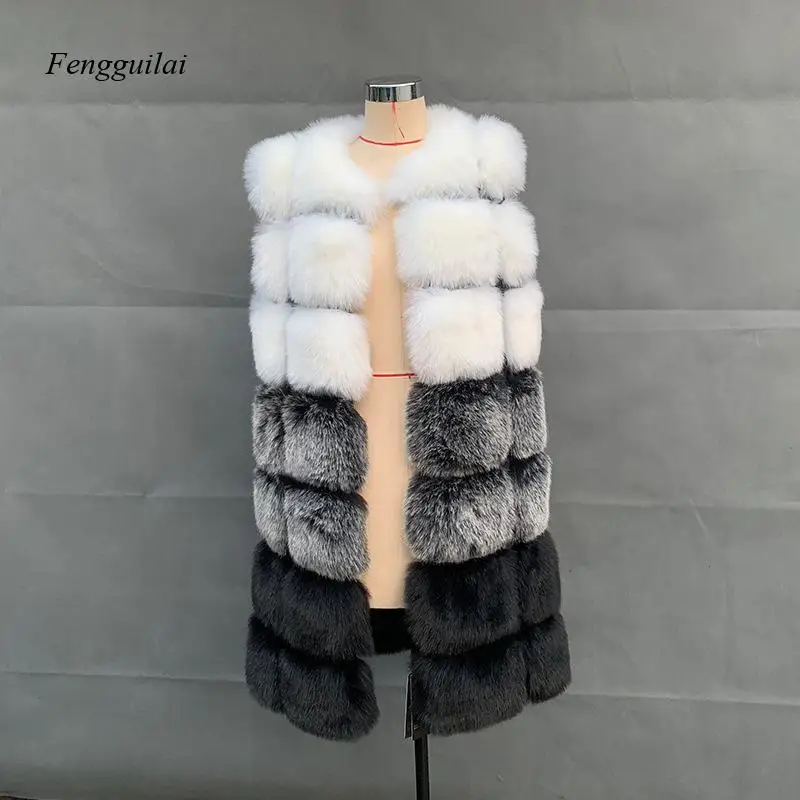 Women's Luxury Faux Fur Vest - Color Block Sleeveless Fur Gilet with Gradient Fur Balls for Winter