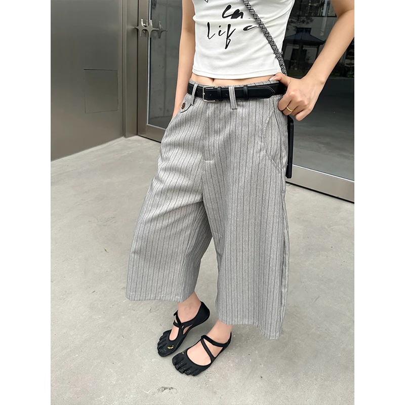 

Vertical Stripes Capri Pants Women's Summer Retro Streetwear Baggy Wide Leg Tailored Shorts Women's