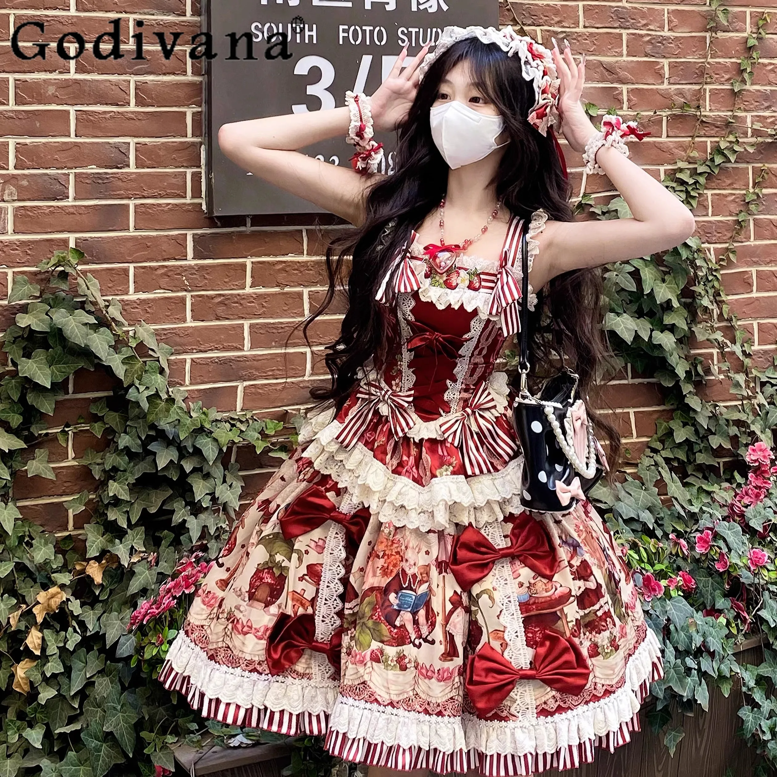 

Christmas Party Sweet Lolita Red Dresses JSK Girl's Women Sweet Strawberry Print Bow Birthday Party Dress Y2k Princess Dress