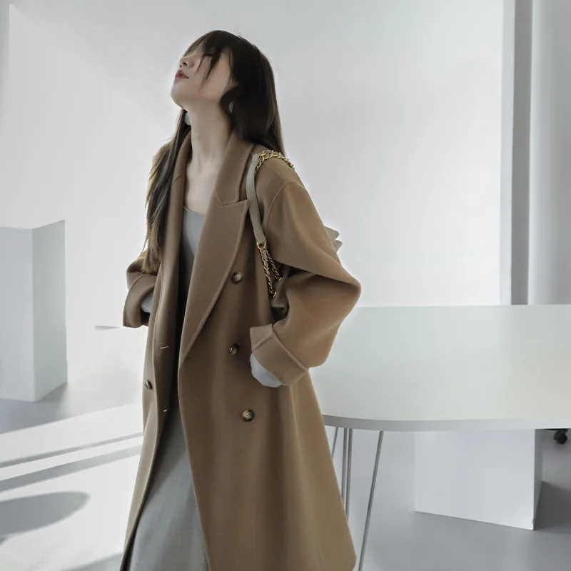 

Двубортное шерстяное пальто MZOMXO, двустороннее, в стиле кэжуал, женское, средней длины, шерстяная верхняя одежда для офиса и повседневной носки