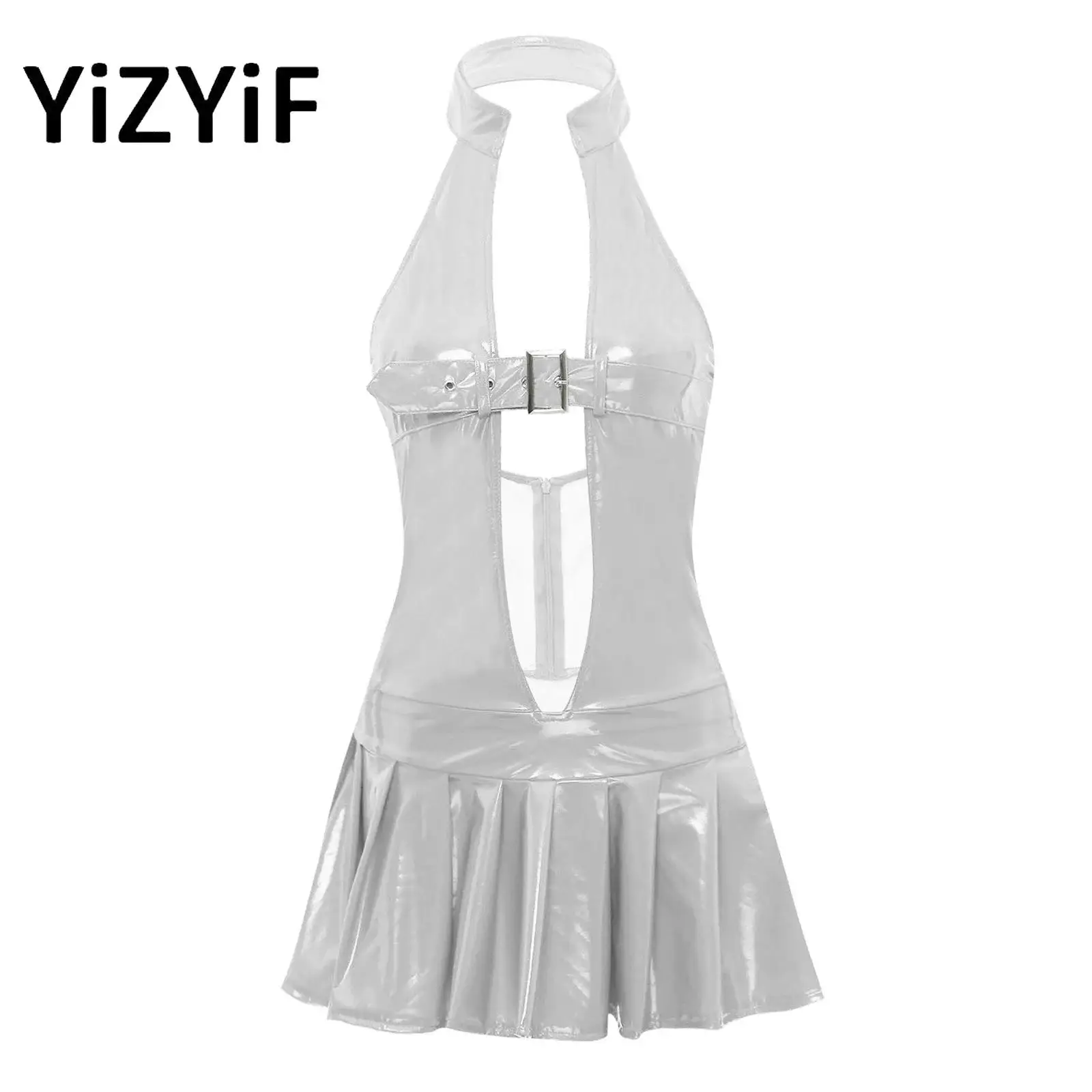 Women Halter Neck Mini Dress Wetlook Patent Leather Sleeveless Hollow Out Adjustable Buckle Back Zipper Pleated Dress for Party