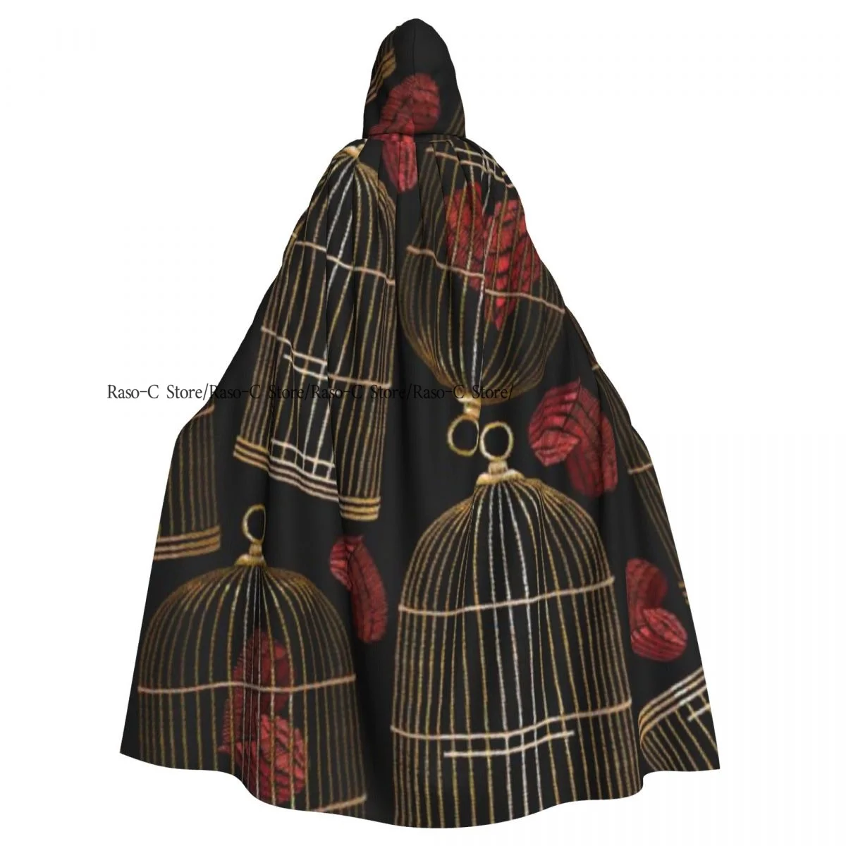 Unisex Witch Party Reversible Hooded Adult Vampires Cape Cloak Birds Cages And Hearts Symbol