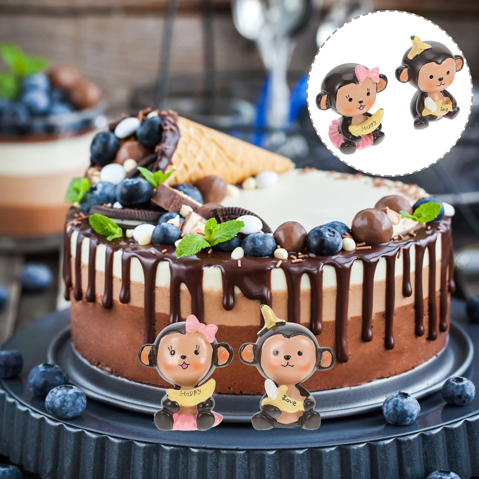 

2Pcs Banana Monkey Resin Couple Ornaments Decoration for Flower Pot Garden Home Desk Cake Party Valentine's Day Gift