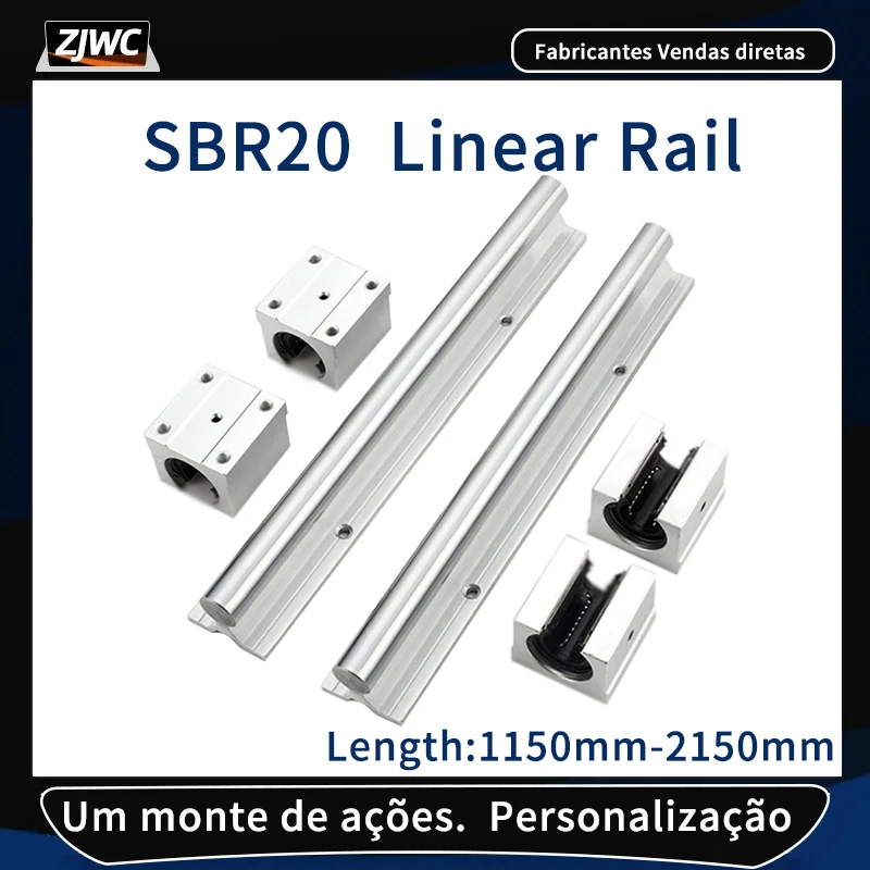 Conjunto de Trilhos Lineares SBR20 1200 1500 1300 1400 1600 1800mm 2100mm 2 Guias Lineares + 4 Bloco de Rolamentos SBR20UU SBR20LUU para Peças CNC