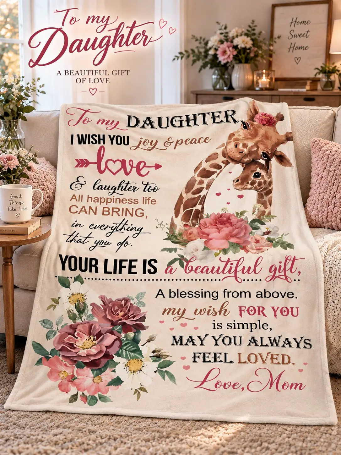 Daughter Flannel Blankets & Throws Floral Blessing Love Letter Gift From Mom for Birthday Christmas Thanksgiving Halloween Anniversary Holiday Bed Sofa Couch Nap Reading Travel Living Room Bedroom Home Decor Family Graduation Party Office Dorm Picnic