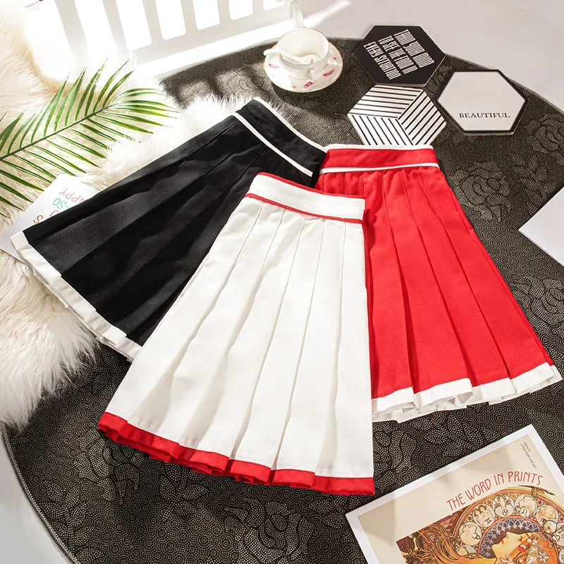 Women\'s Pleated Skirt Skater School Uniform Mini Skirts Hit Color High-waisted Red Short Sports Casual Korean Style Kawaii