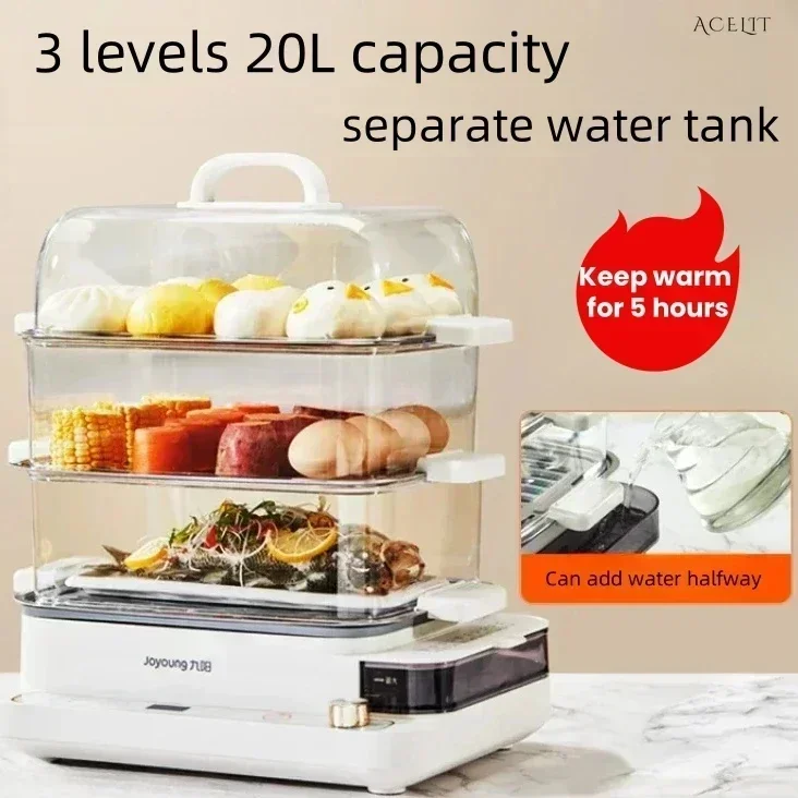 Household electric steamer. Cooks noodles. Three-layer transparent food pot. Multifunctional.