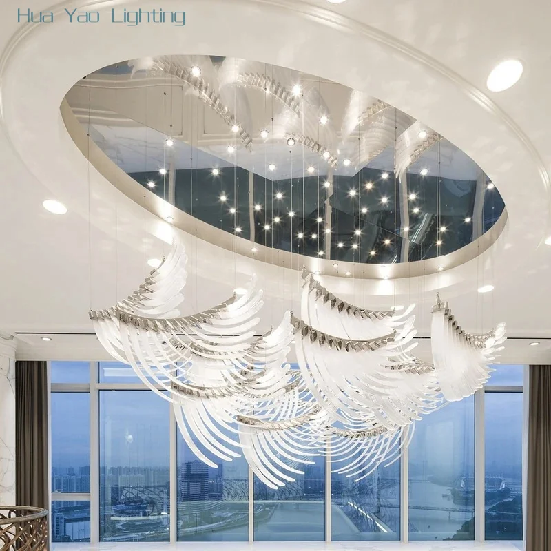 Luxury Hotel Lobby Chandelier Glass Feathers Bespoke Modern Villa Lamp Chandelier Living Room Wedding LED Light Fixture Deco