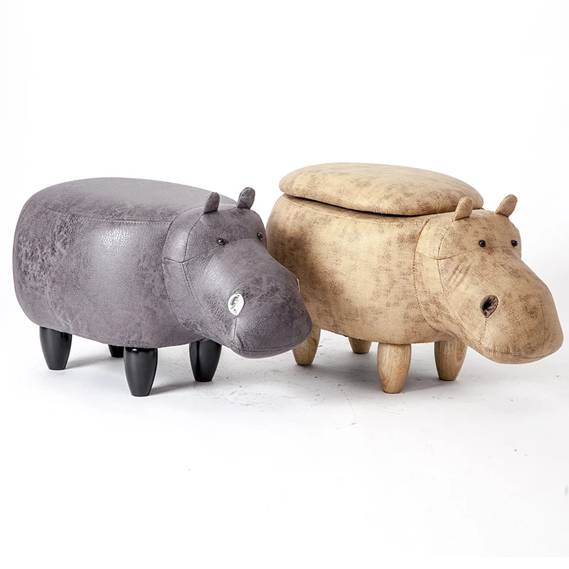 Hippo Shaped Animal Ottoman Storage Footrest Stool Upholstered Padded Seat Hippo Stool Pouf Adorable Bench