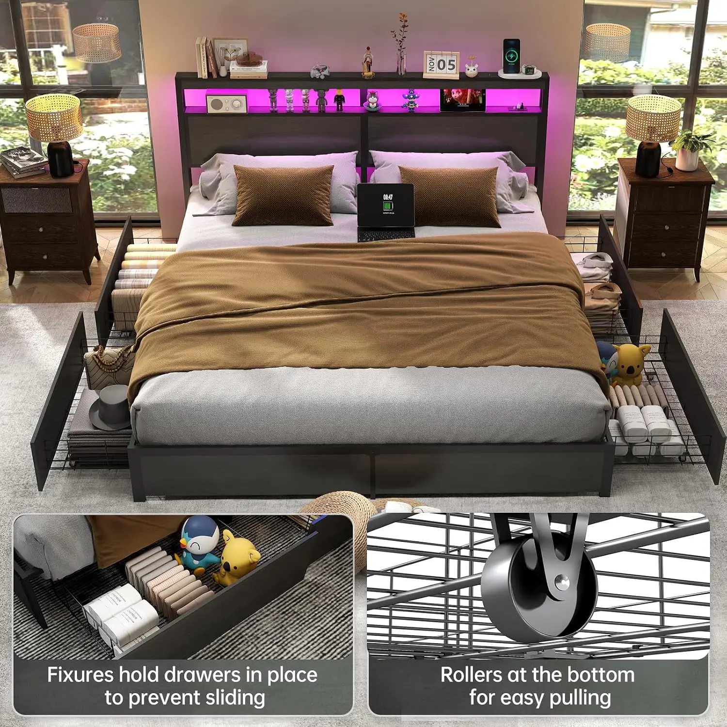 King Size Bed Frame with LED Light Headboard and 4 Storage Drawers | Charging Station, Metal Platform, 2-Tier Storage