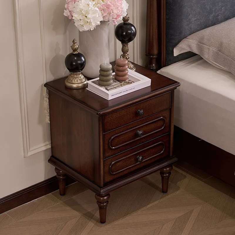 

French retro three-drawer bedside table American mahogany solid wood bedside table modern design