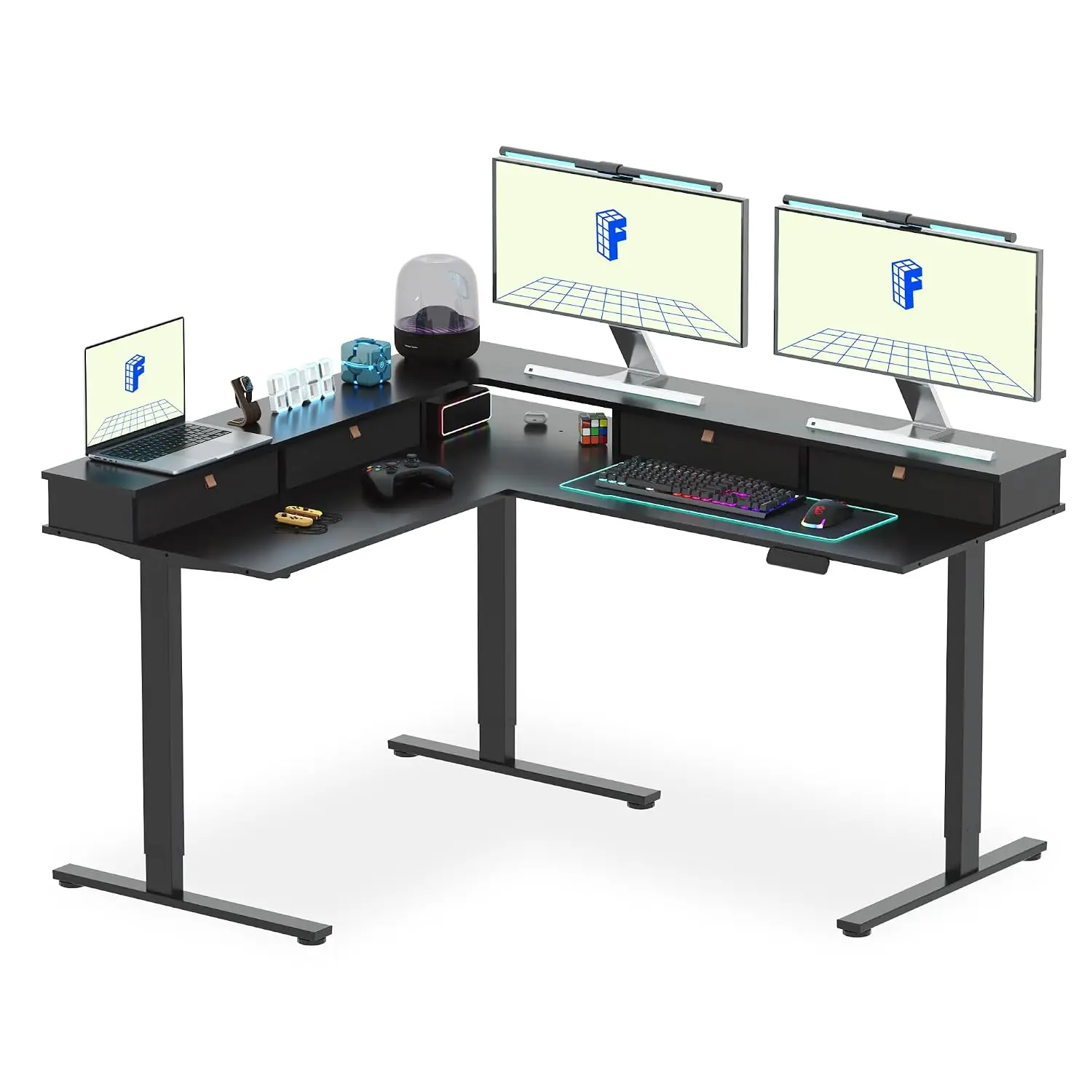 L-Shaped Electric Standing Desk With Monitor Shelf, Height Adjustable Corner Computer Workstation, Home Office, Customized