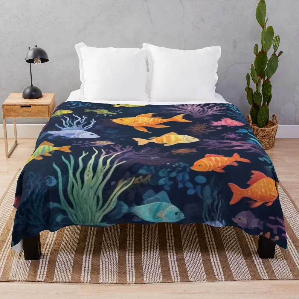 

Aqua fishes and coral reef ecosystem print design Throw Blanket All Season Soft Lightweight Blanket for Home
