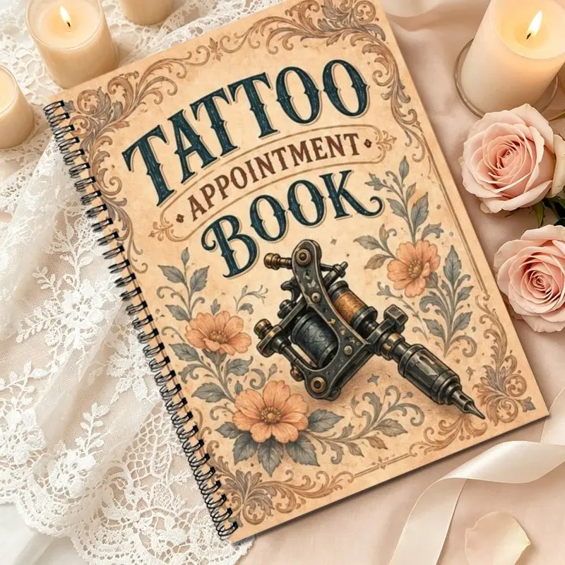 A5 Tattoo Reservation Book, Tattoo Shop Customer Tracking and Schedule Planning Book, Vintage Floral Tattoo Machine Pattern