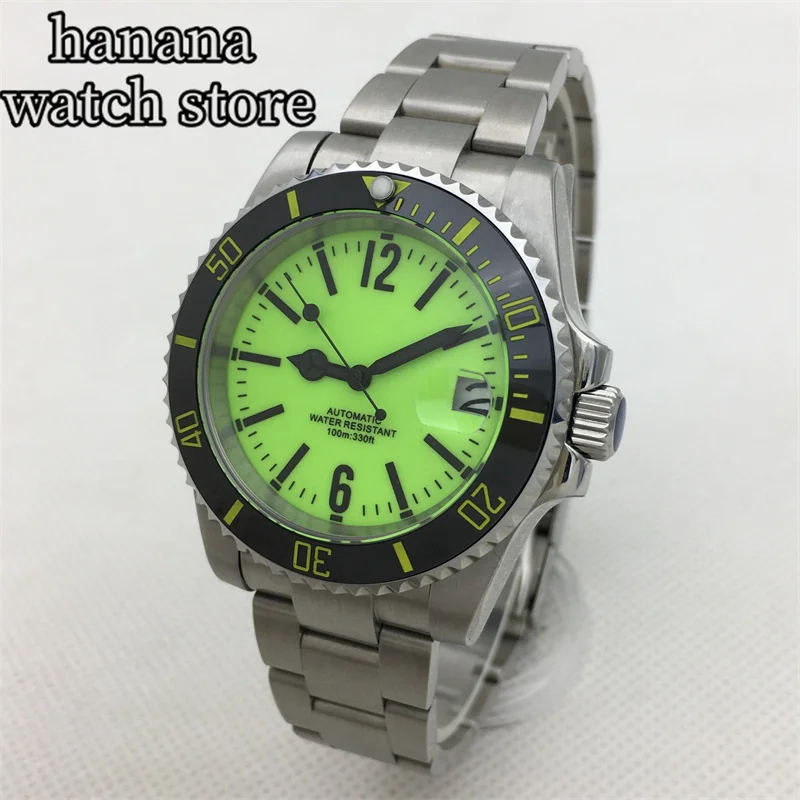 NH35 men's watch 40mm green full fluorescent dial NH35A automatic movement sapphire glass 120 clicks unidirectional rotation